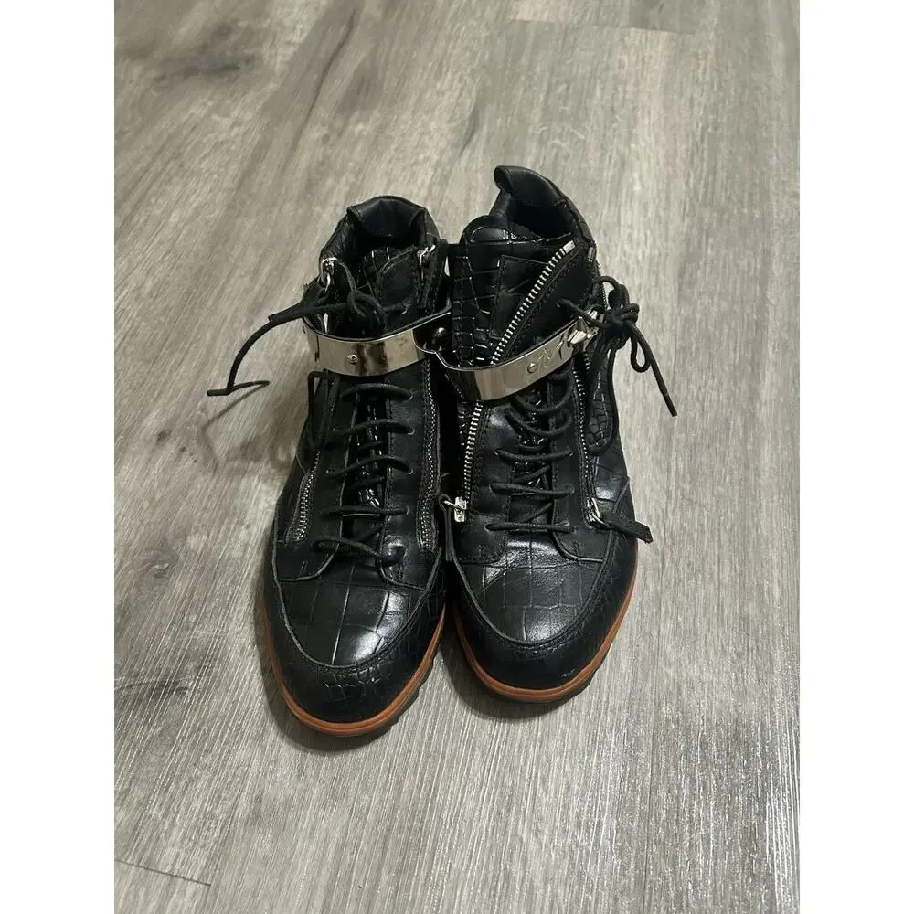 Giuseppe Zanotti Black Croc Embossed Leather High Top Sneakers Double Zip EU 39